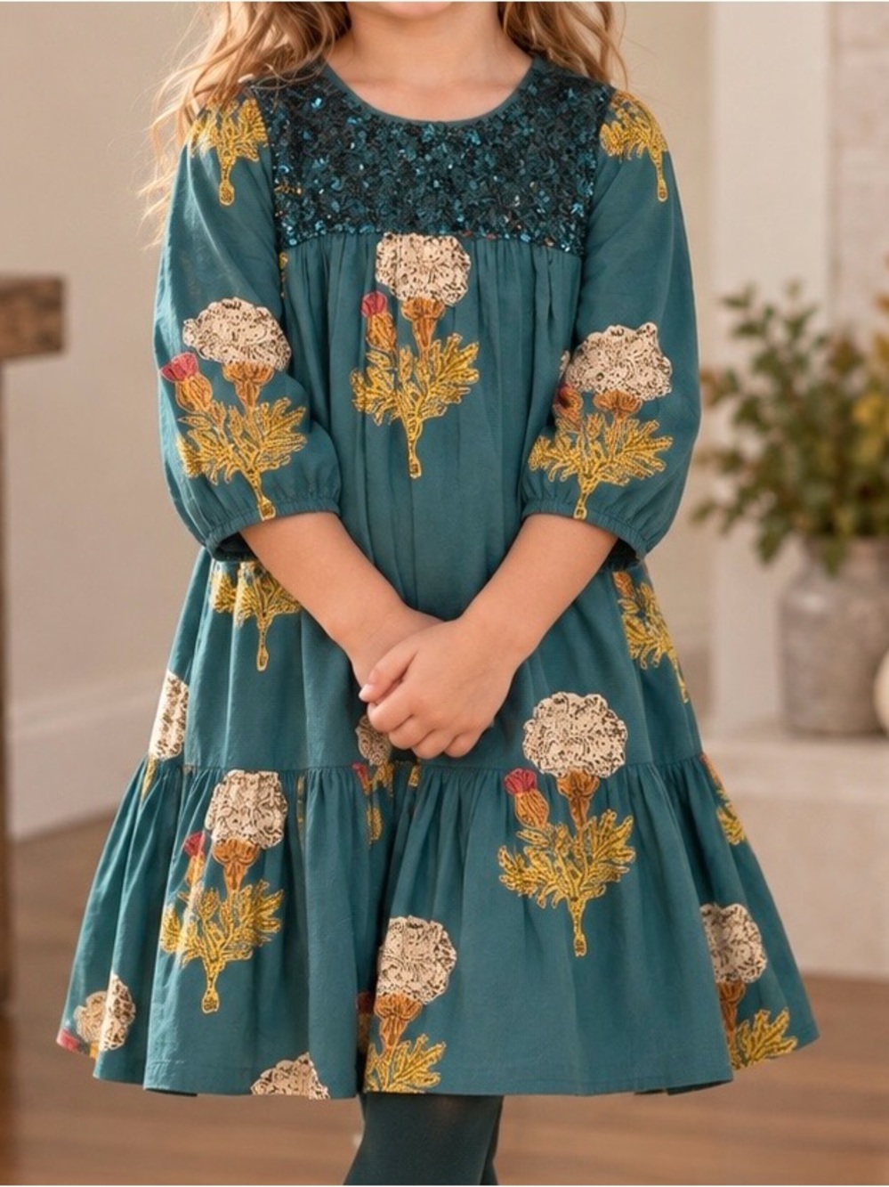 Pink Chicken Teal Floral Tiered Dress with Sequined Yoke